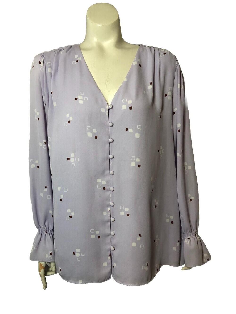 Alfani Womens XL Blouse Lavender Print  Vneck Button Front Ruffle Cuffs